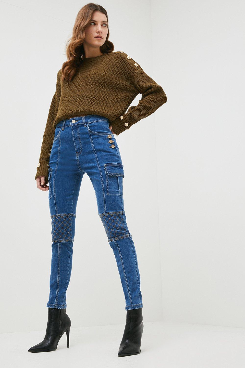 Gold Button Utility Skinny Jeans | Karen Millen